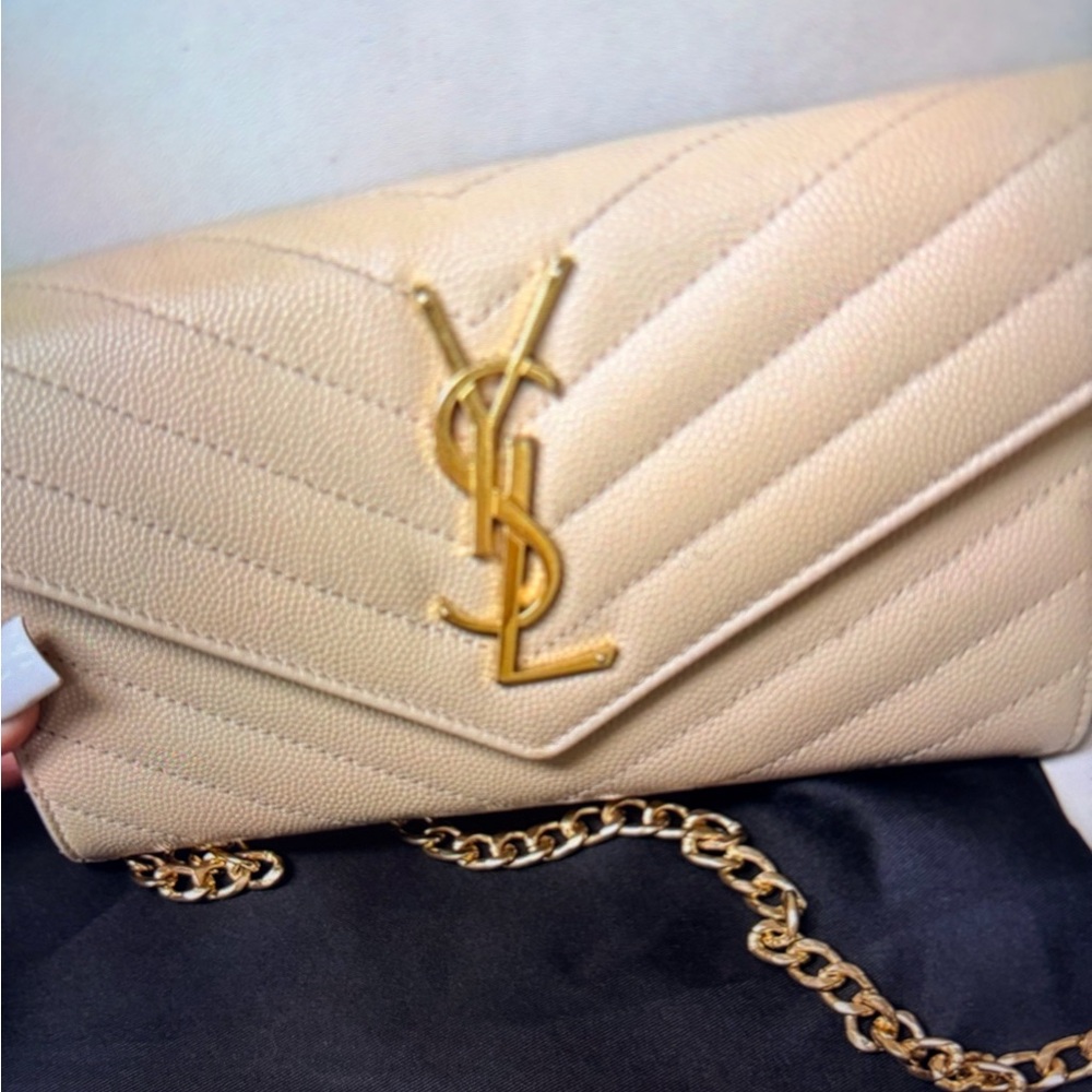 ❌SOLD Saint Laurent Tan Quilted Clutch with Gold Chain